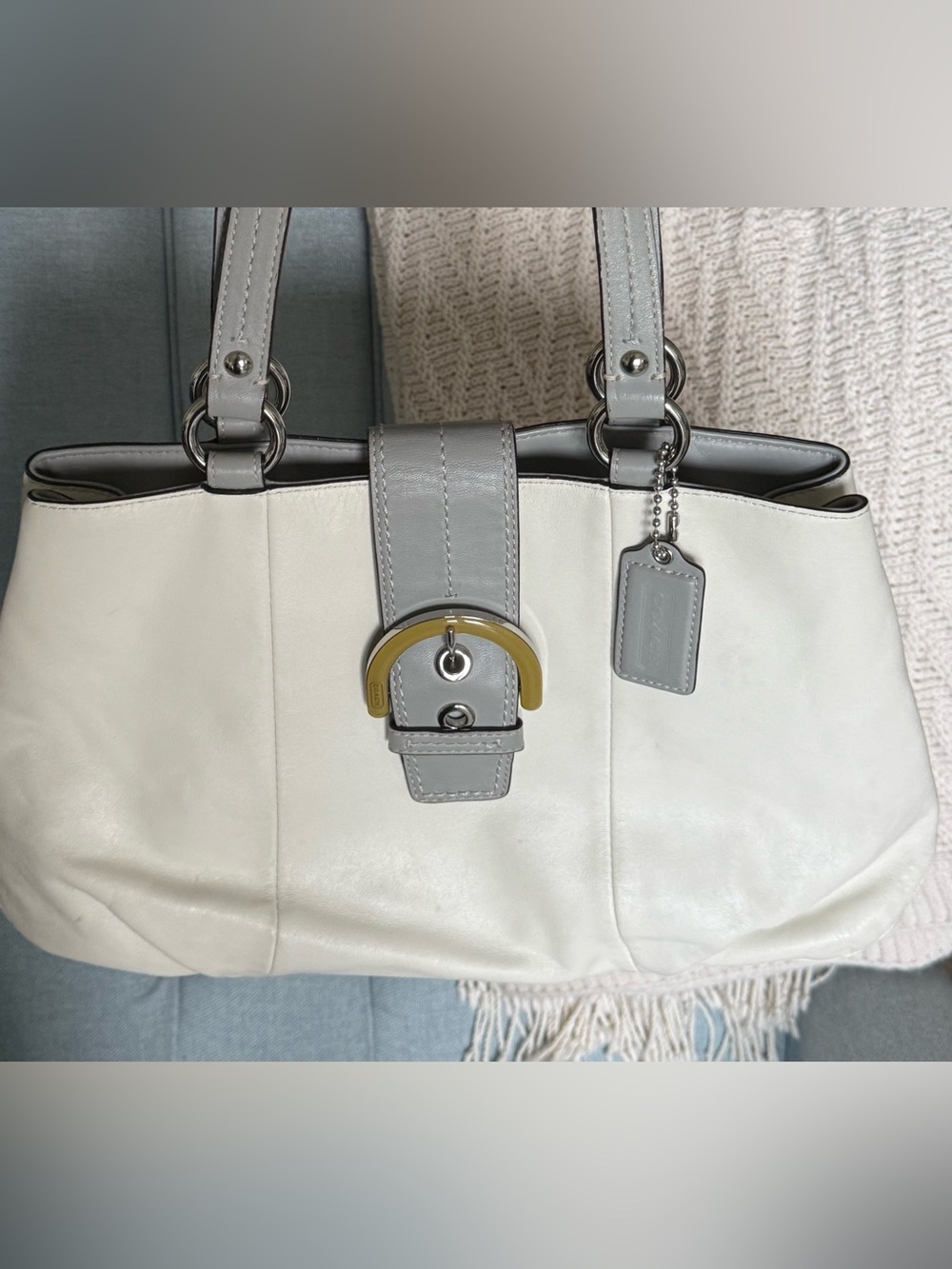 Vintage Coach Soho East/West Satchel in White and Light Gray Leather